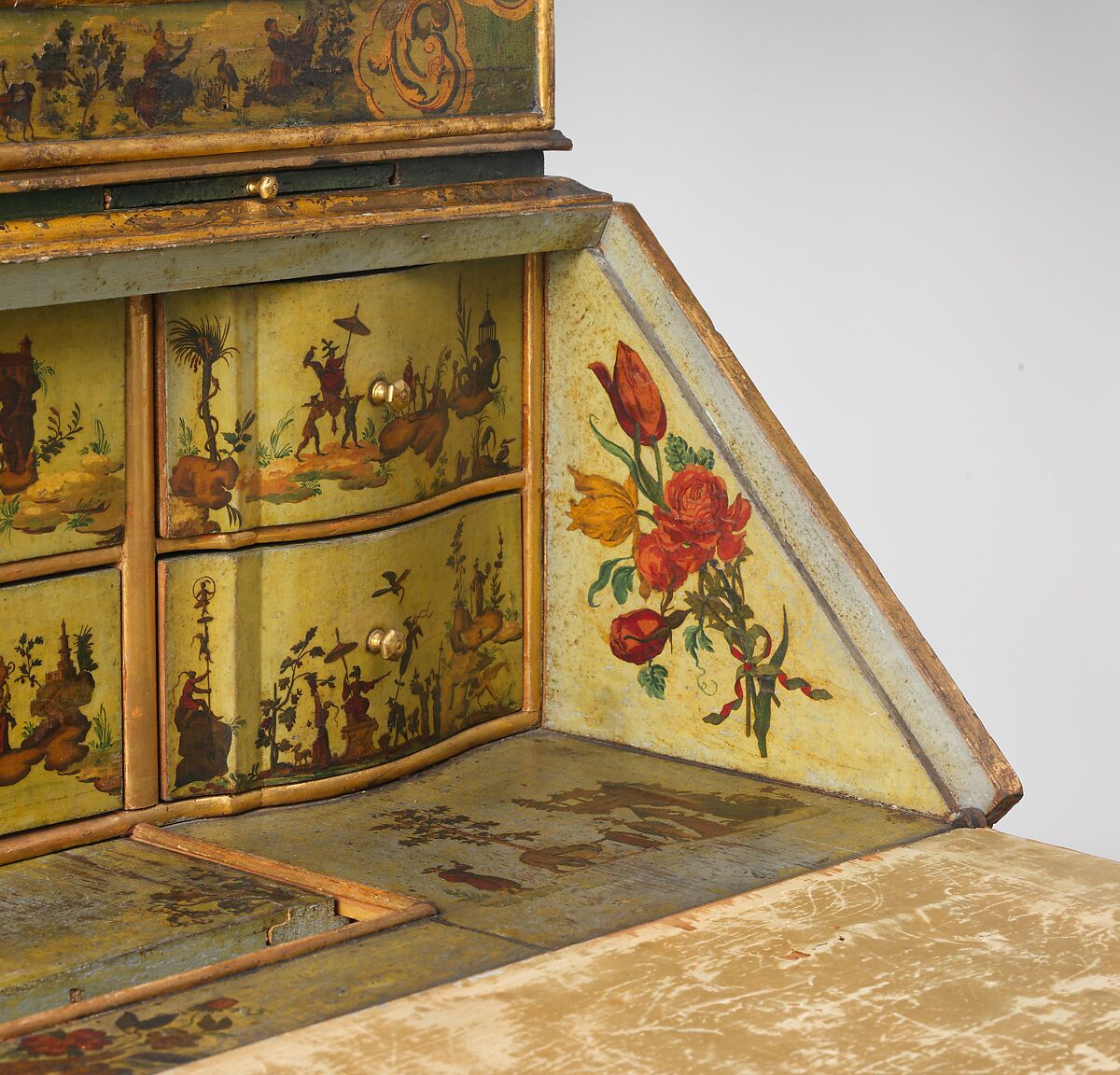 Desk (Secretary), Pine; carved, painted, gilded, and varnished linden wood decorated with colored decoupage prints; mirror glass; the inside of the fall front lined with silk not original to the secretary, Italian, Venice