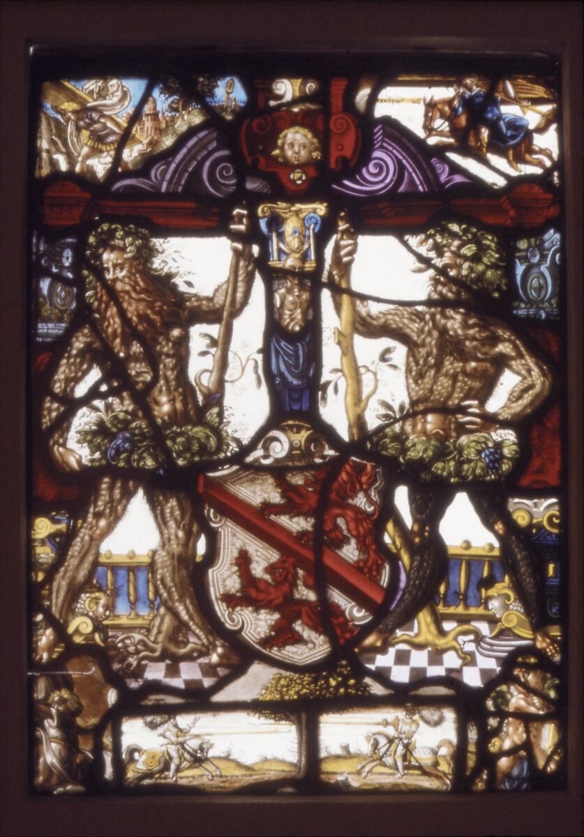 Arms of the city of Winterthur with scenes from the Bible and Chivalry, Stained glass, Swiss 