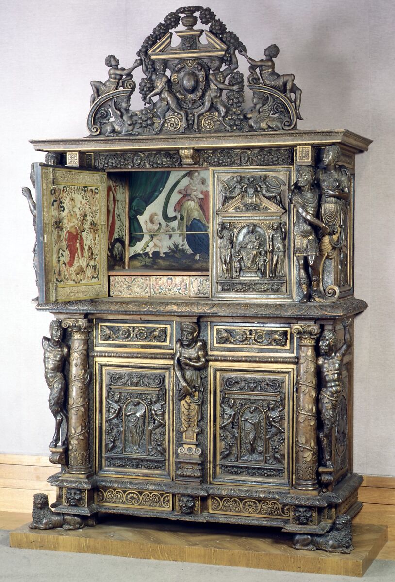 Cabinet, Style of Hugues Sambin (French, Gray ca. 1520–1601 Dijon), Carved, painted, and gilded walnut, French 