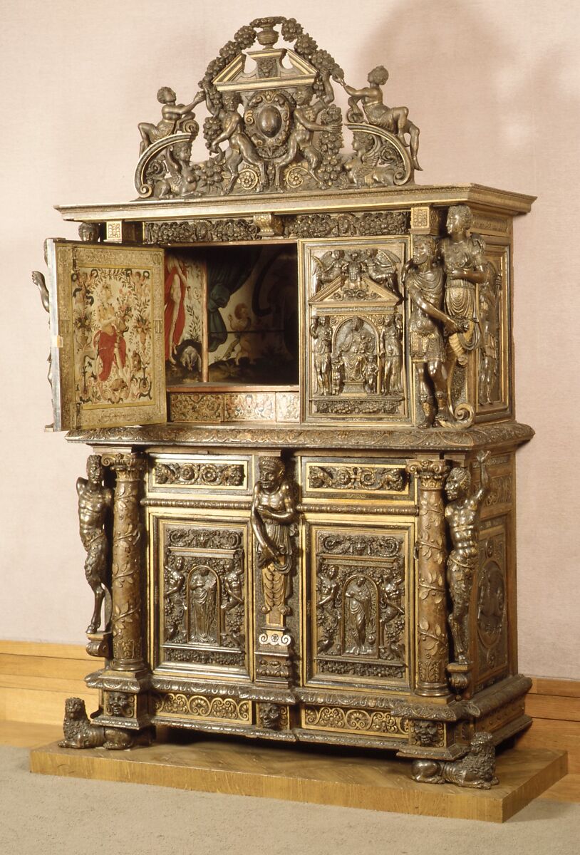 Cabinet, Style of Hugues Sambin (French, Gray ca. 1520–1601 Dijon), Carved, painted, and gilded walnut, French