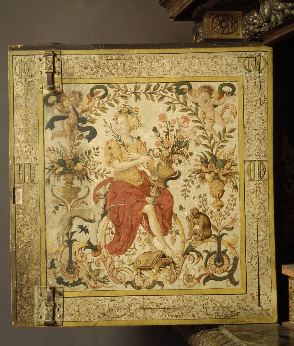 Cabinet, Style de Hugues Sambin (français, gris ca. 1520–1601 Dijon), noyer sculpté, peint et doré, français.