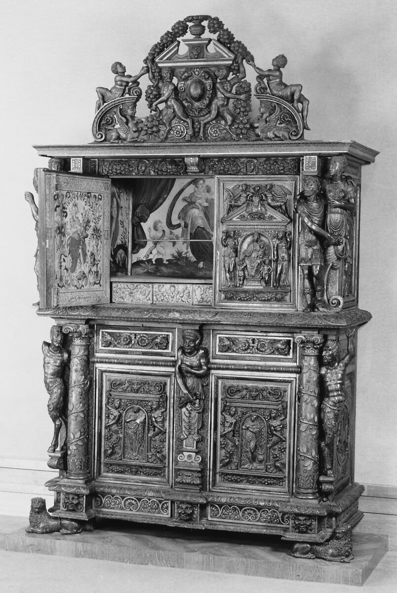 Cabinet, Style of Hugues Sambin (French, Gray ca. 1520–1601 Dijon), Carved, painted, and gilded walnut, French