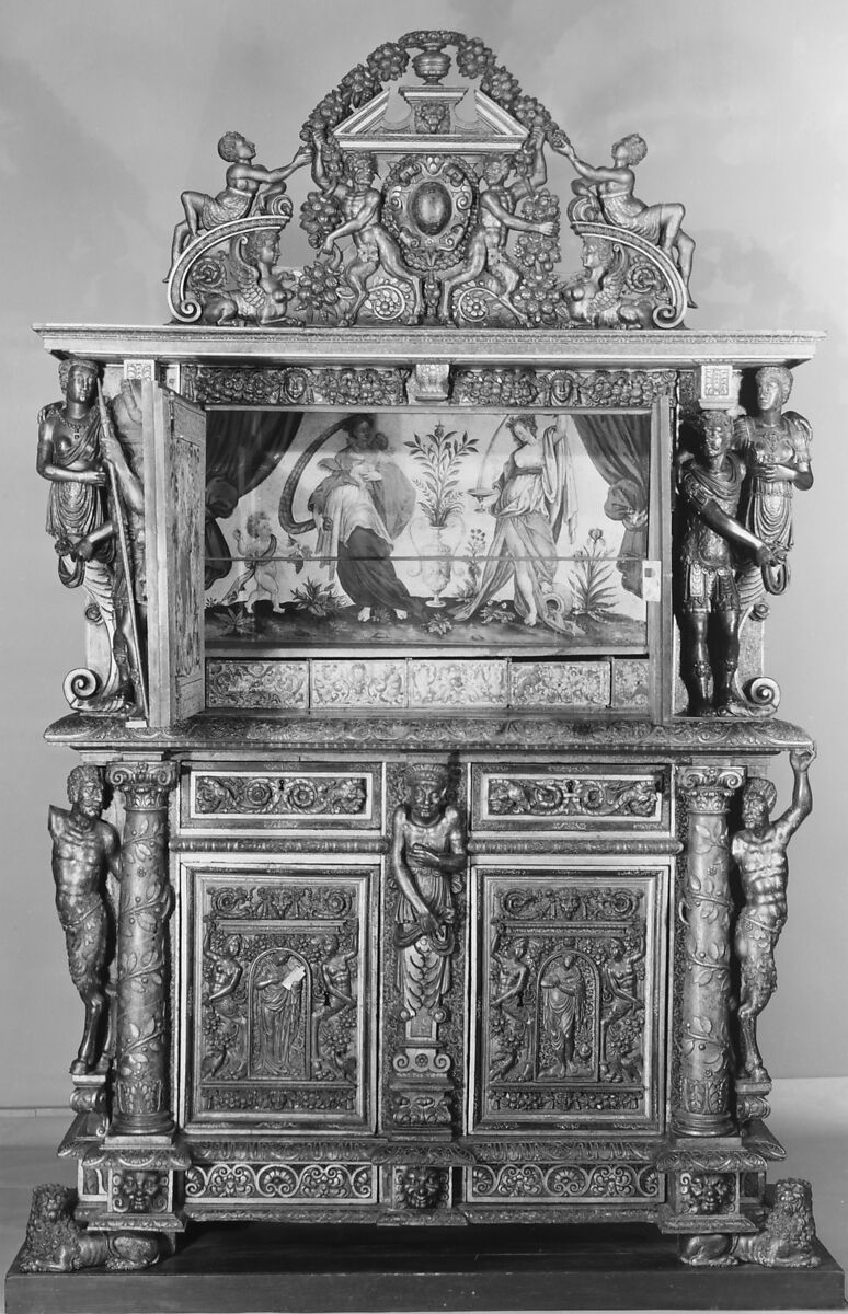 Cabinet, Style of Hugues Sambin (French, Gray ca. 1520–1601 Dijon), Carved, painted, and gilded walnut, French