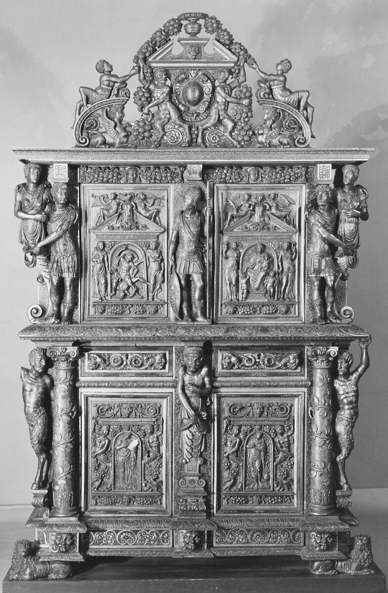 Cabinet, Style of Hugues Sambin (French, Gray ca. 1520–1601 Dijon), Carved, painted, and gilded walnut, French