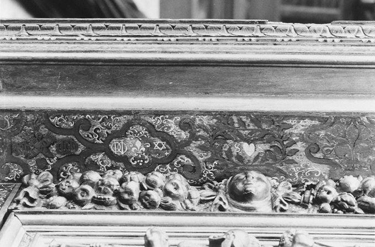 Cabinet, Style of Hugues Sambin (French, Gray ca. 1520–1601 Dijon), Carved, painted, and gilded walnut, French