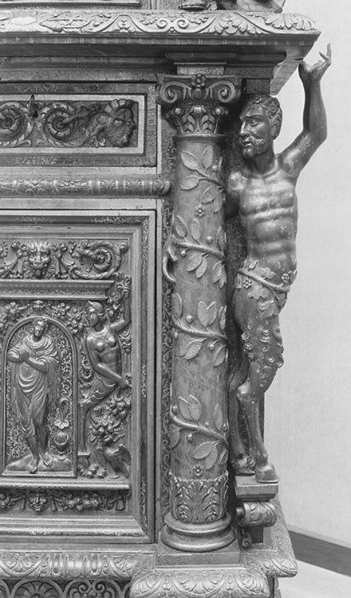 Cabinet, Style of Hugues Sambin (French, Gray ca. 1520–1601 Dijon), Carved, painted, and gilded walnut, French