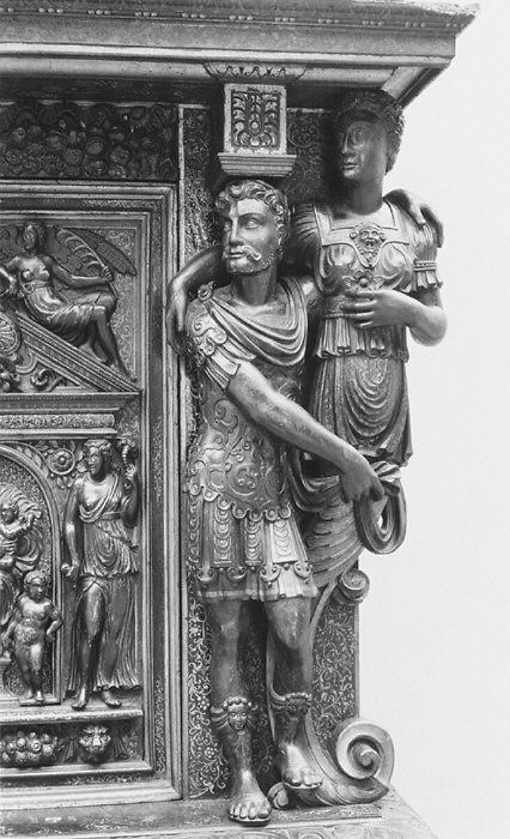 Cabinet, Style of Hugues Sambin (French, Gray ca. 1520–1601 Dijon), Carved, painted, and gilded walnut, French