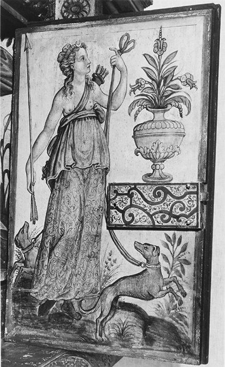 Cabinet, Style of Hugues Sambin (French, Gray ca. 1520–1601 Dijon), Carved, painted, and gilded walnut, French