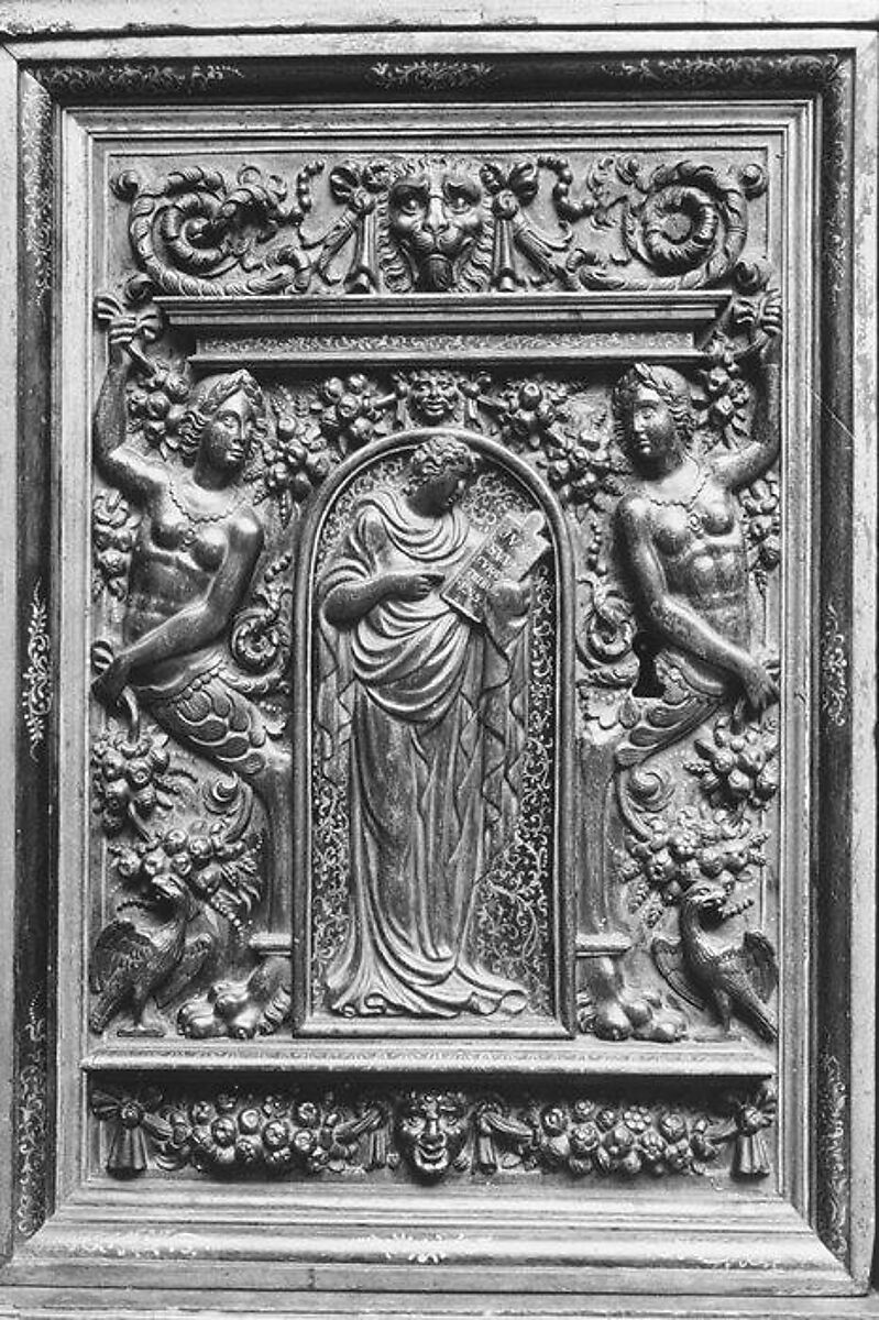 Cabinet, Style of Hugues Sambin (French, Gray ca. 1520–1601 Dijon), Carved, painted, and gilded walnut, French