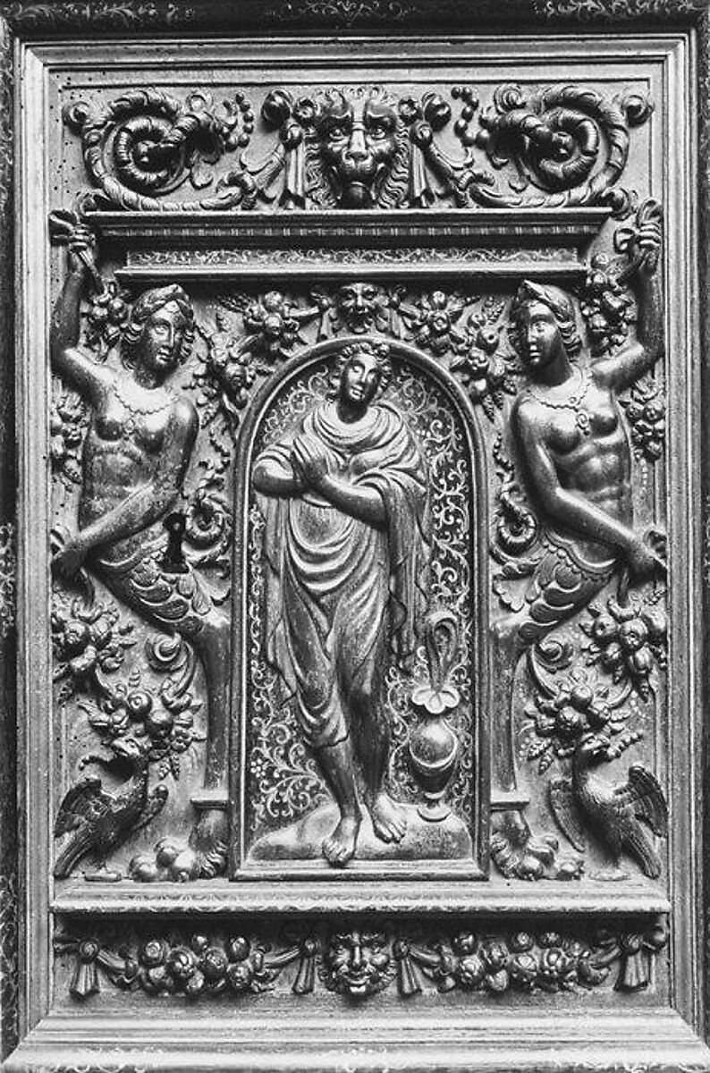 Cabinet, Style of Hugues Sambin (French, Gray ca. 1520–1601 Dijon), Carved, painted, and gilded walnut, French