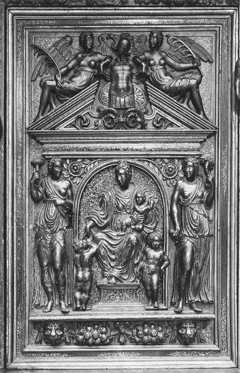 Cabinet, Style of Hugues Sambin (French, Gray ca. 1520–1601 Dijon), Carved, painted, and gilded walnut, French