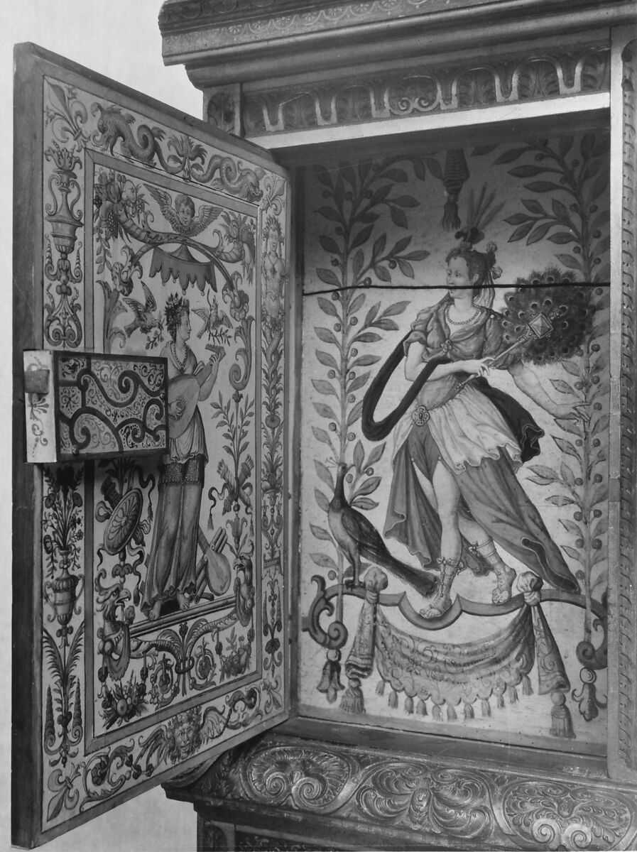 Cabinet, Style of Hugues Sambin (French, Gray ca. 1520–1601 Dijon), Carved, painted, and gilded walnut, French