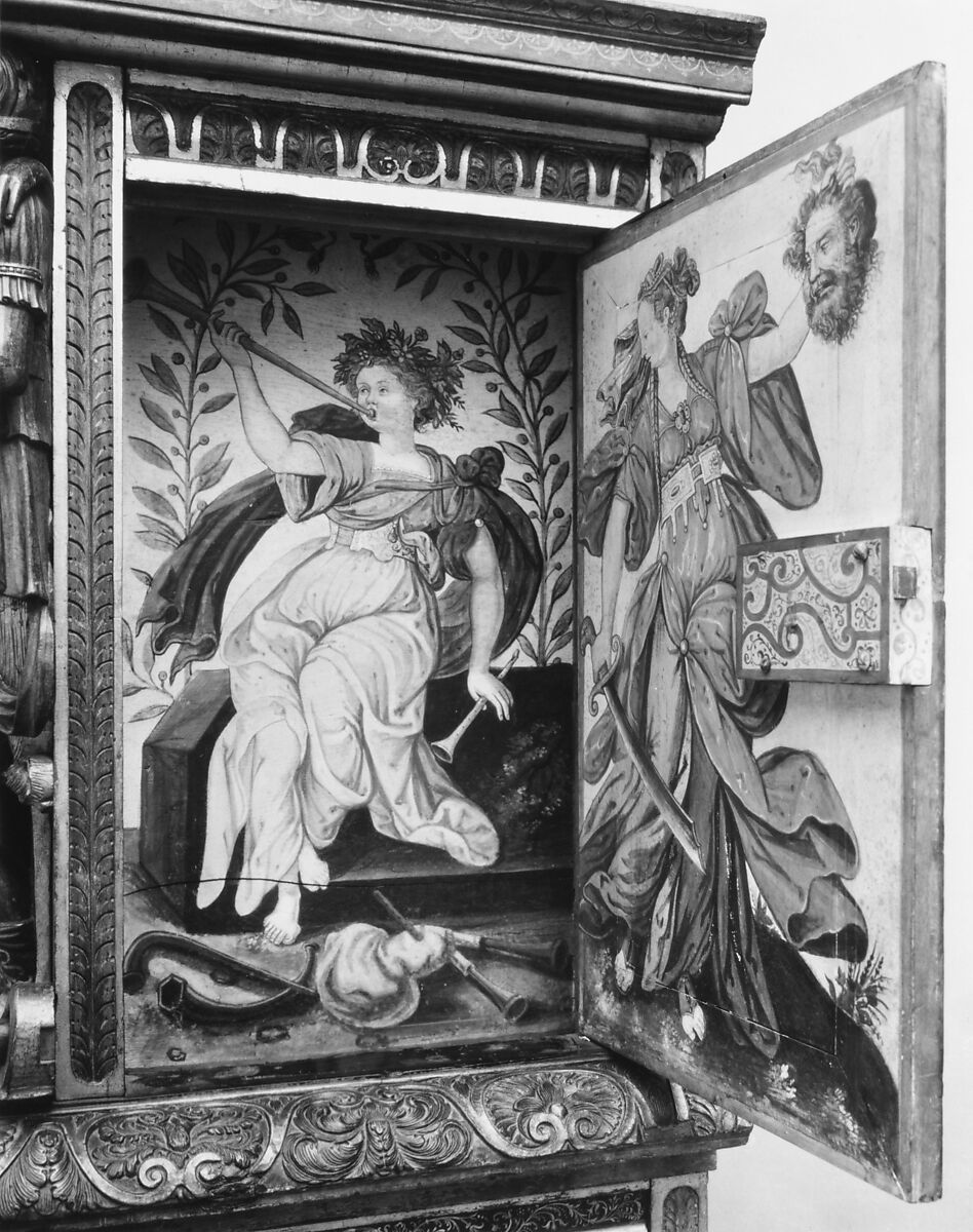 Cabinet, Style of Hugues Sambin (French, Gray ca. 1520–1601 Dijon), Carved, painted, and gilded walnut, French