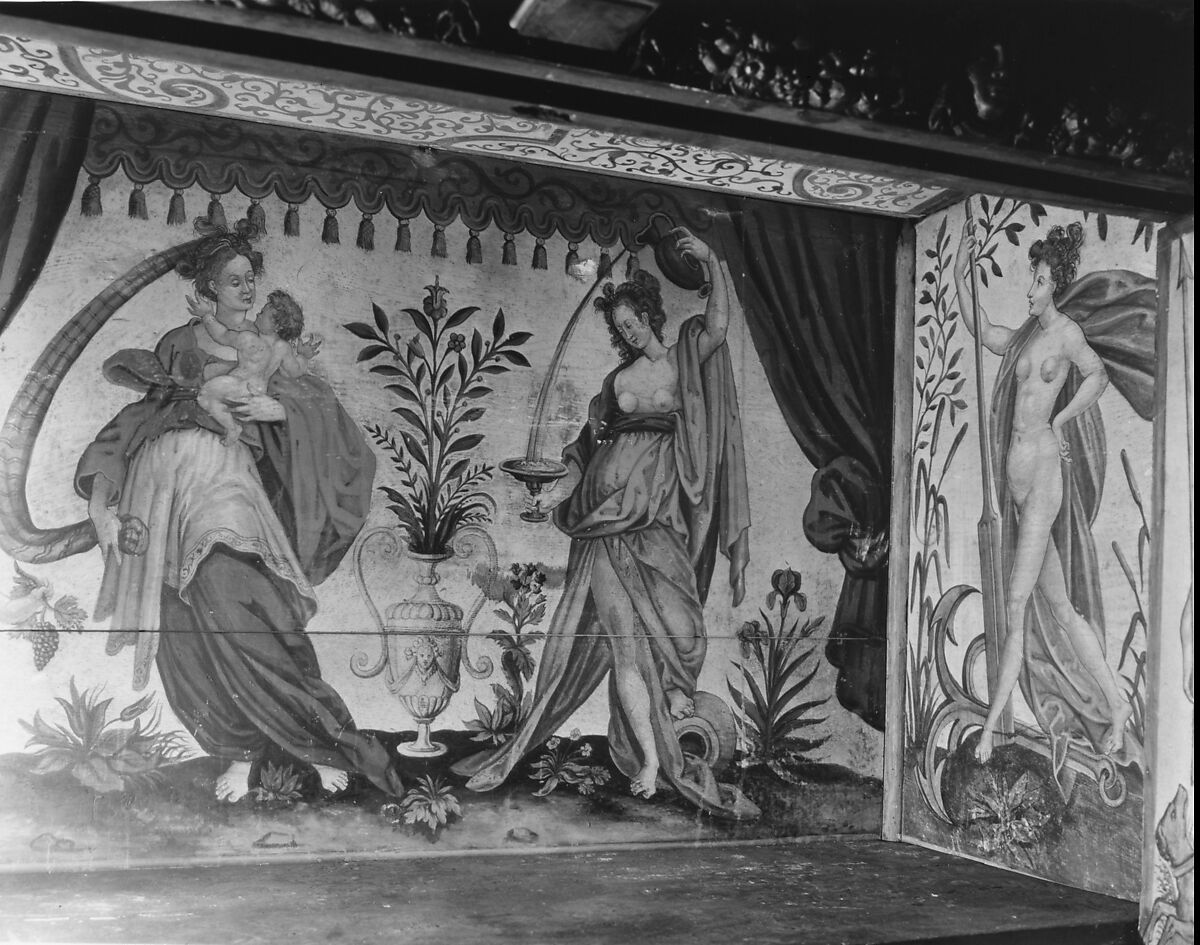 Cabinet, Style of Hugues Sambin (French, Gray ca. 1520–1601 Dijon), Carved, painted, and gilded walnut, French