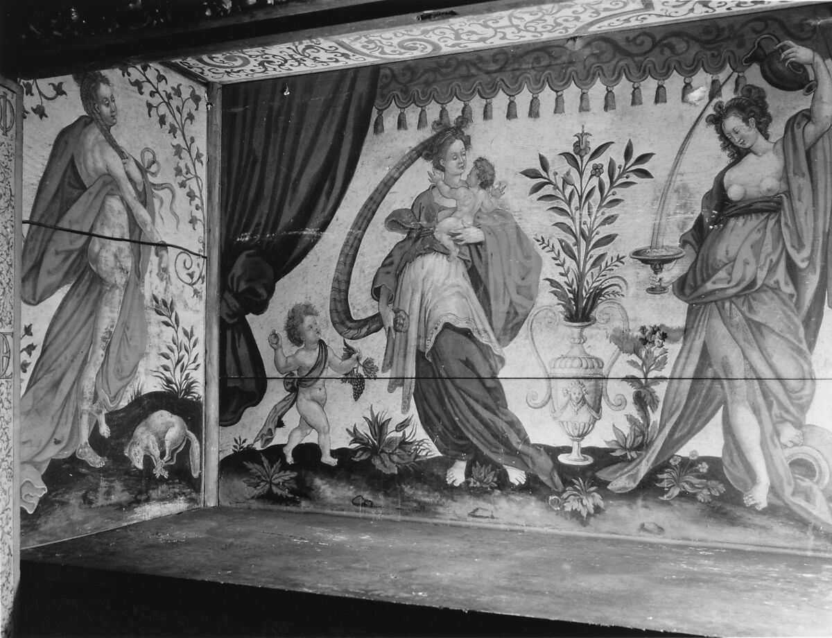 Cabinet, Style of Hugues Sambin (French, Gray ca. 1520–1601 Dijon), Carved, painted, and gilded walnut, French