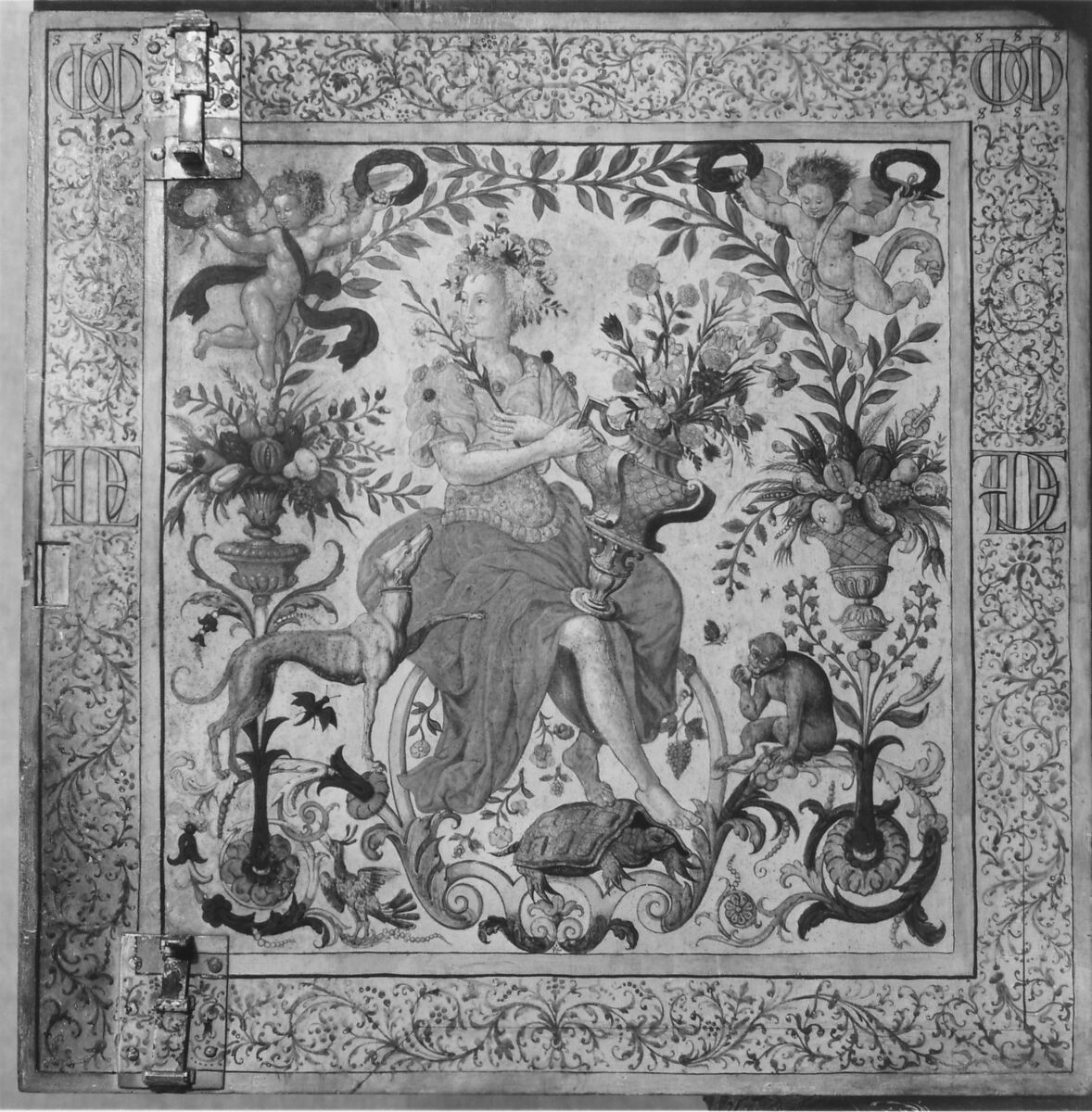 Cabinet, Style of Hugues Sambin (French, Gray ca. 1520–1601 Dijon), Carved, painted, and gilded walnut, French