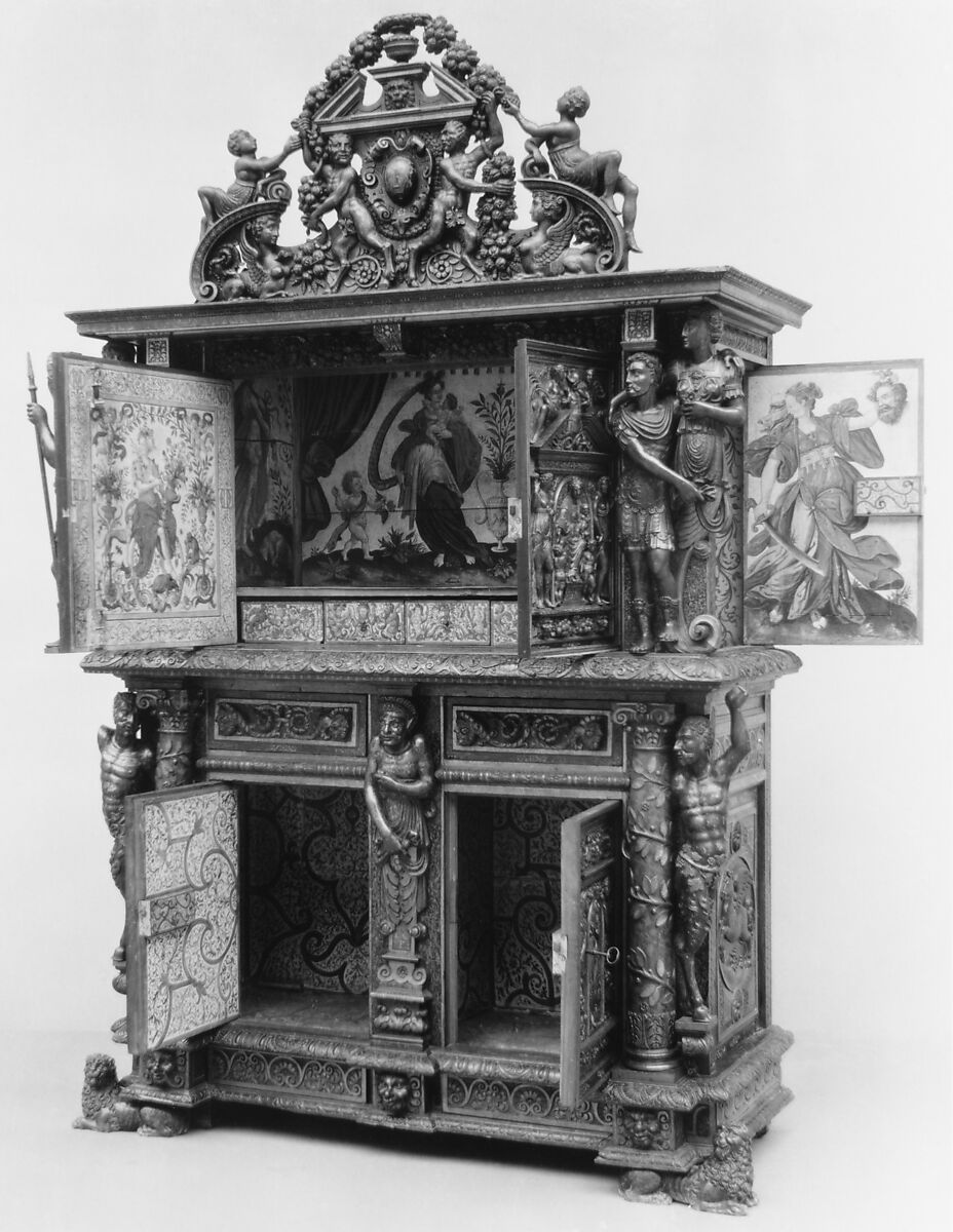 Cabinet, Style of Hugues Sambin (French, Gray ca. 1520–1601 Dijon), Carved, painted, and gilded walnut, French