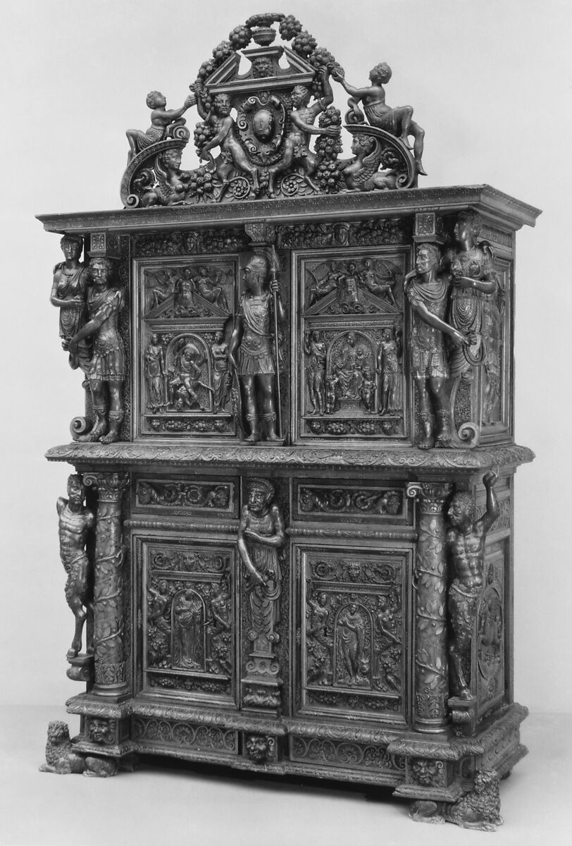 Cabinet, Style of Hugues Sambin (French, Gray ca. 1520–1601 Dijon), Carved, painted, and gilded walnut, French