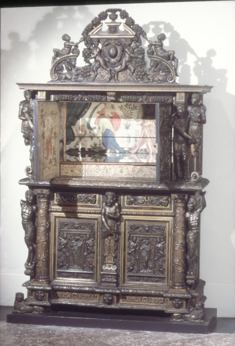 Cabinet, Style of Hugues Sambin (French, Gray ca. 1520–1601 Dijon), Carved, painted, and gilded walnut, French