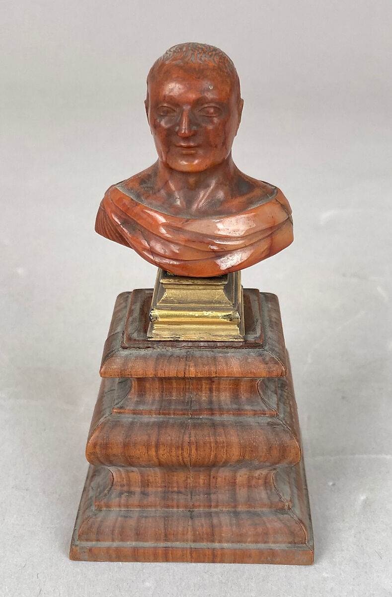 Vespasian (Titus Flavius Sabinus), Emperor 70–79 A.D., Bust: red agate; base: gilt bronze; pedestal: wood, Italian 