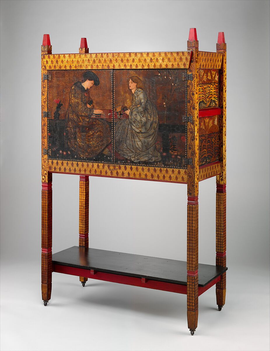 The Backgammon Players, Philip Webb (British, Oxford 1831–1915 West Sussex), Painted pine, oil paint on leather, brass, copper, British