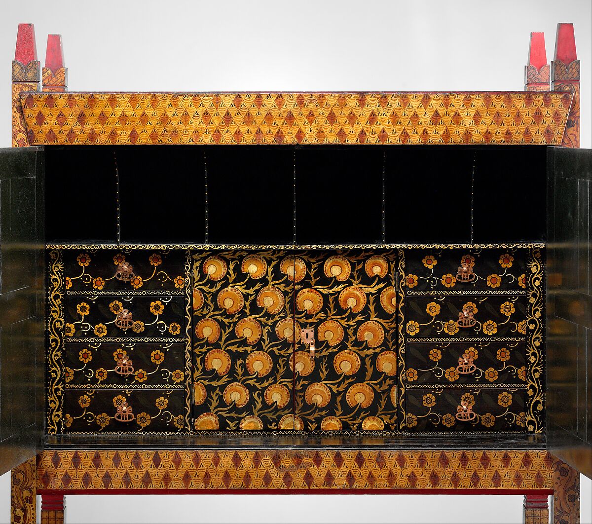 The Backgammon Players, Philip Webb (British, Oxford 1831–1915 West Sussex), Painted pine, oil paint on leather, brass, copper, British