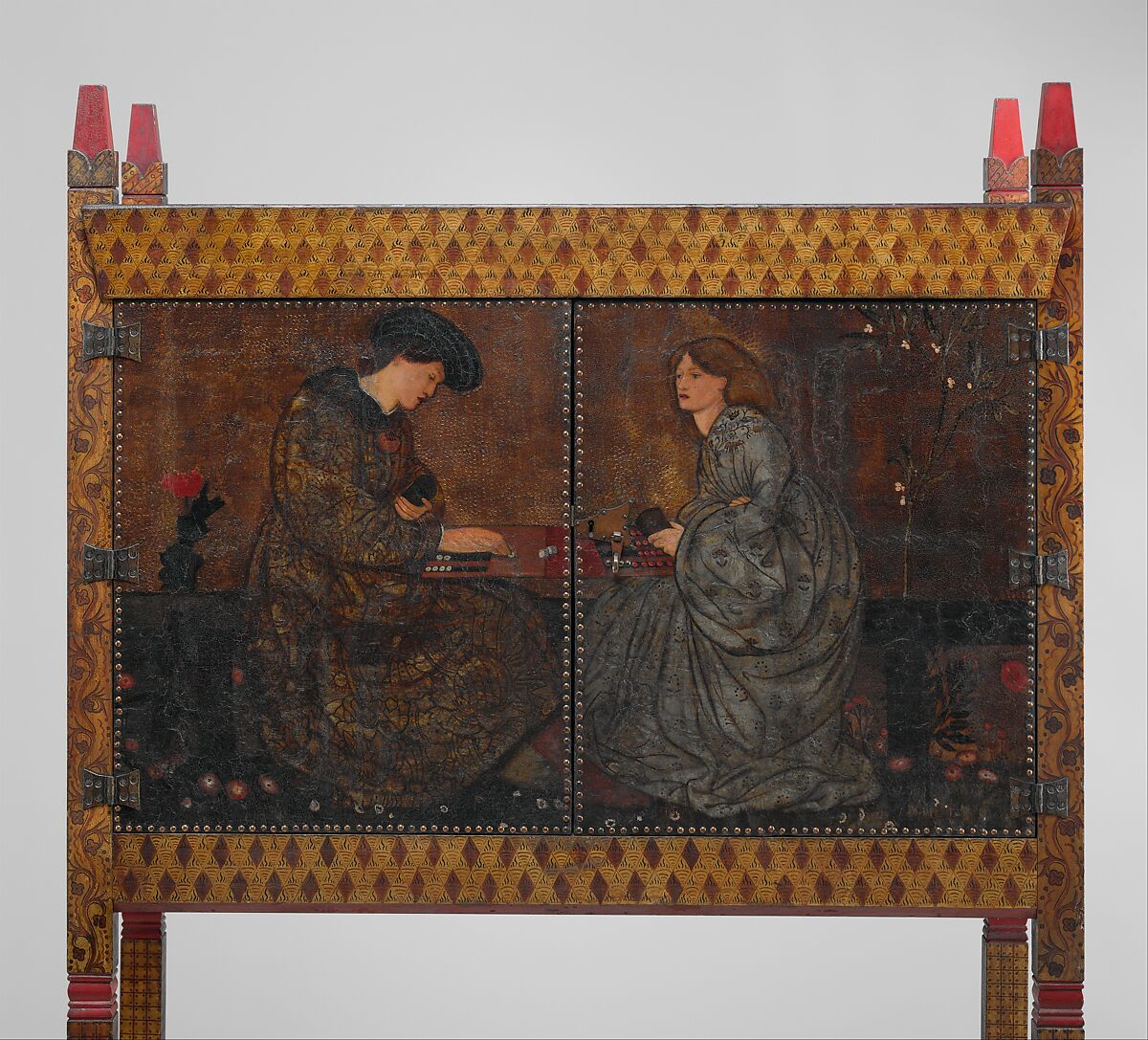 The Backgammon Players, Philip Webb (British, Oxford 1831–1915 West Sussex), Painted pine, oil paint on leather, brass, copper, British