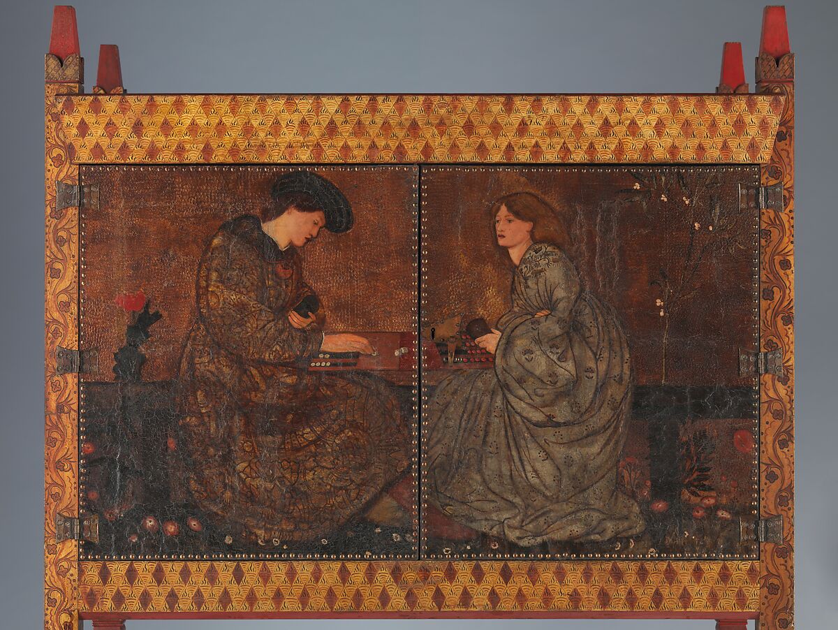 The Backgammon Players, Philip Webb (British, Oxford 1831–1915 West Sussex), Painted pine, oil paint on leather, brass, copper, British