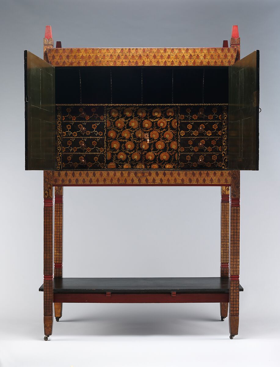 The Backgammon Players, Philip Webb (British, Oxford 1831–1915 West Sussex), Painted pine, oil paint on leather, brass, copper, British