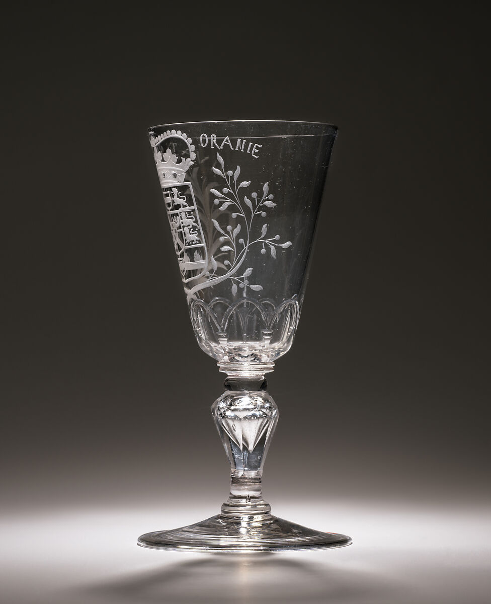 Wineglass with arms of William V, Prince of Orange, Clear glass, Dutch or Flemish