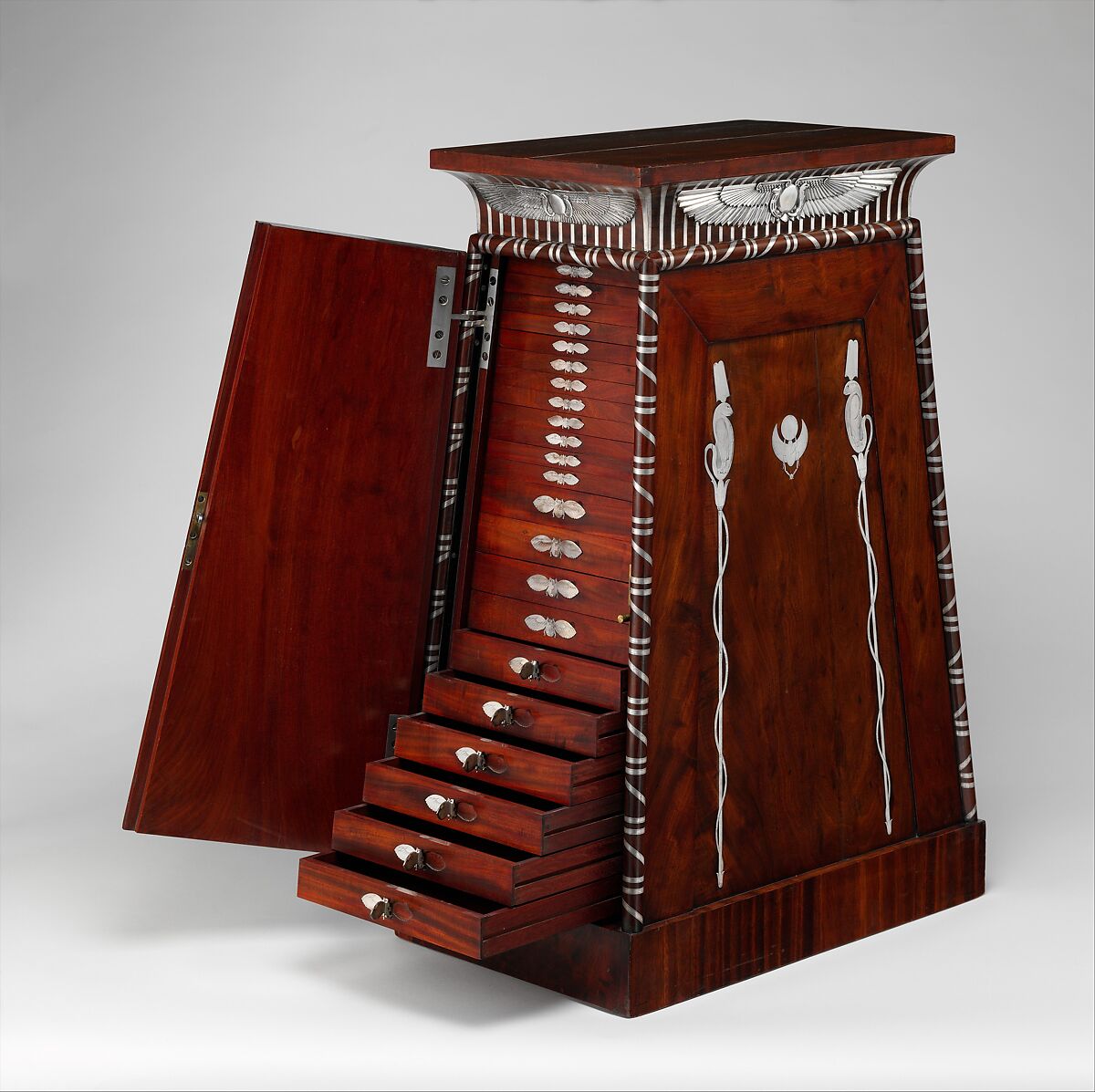 Coin cabinet, Designed by Charles Percier (French, Paris 1764–1838 Paris), Mahogany (probably Swietenia mahagoni), applied and inlaid silver, French, Paris 