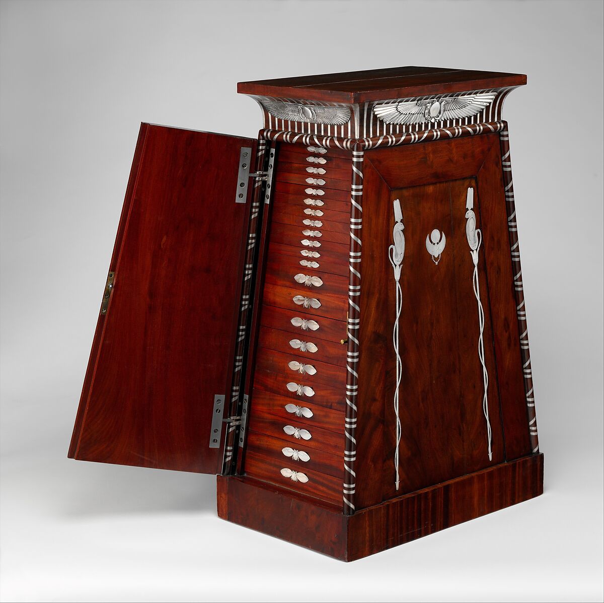 Coin cabinet, Designed by Charles Percier (French, Paris 1764–1838 Paris), Mahogany (probably Swietenia mahagoni), applied and inlaid silver, French, Paris