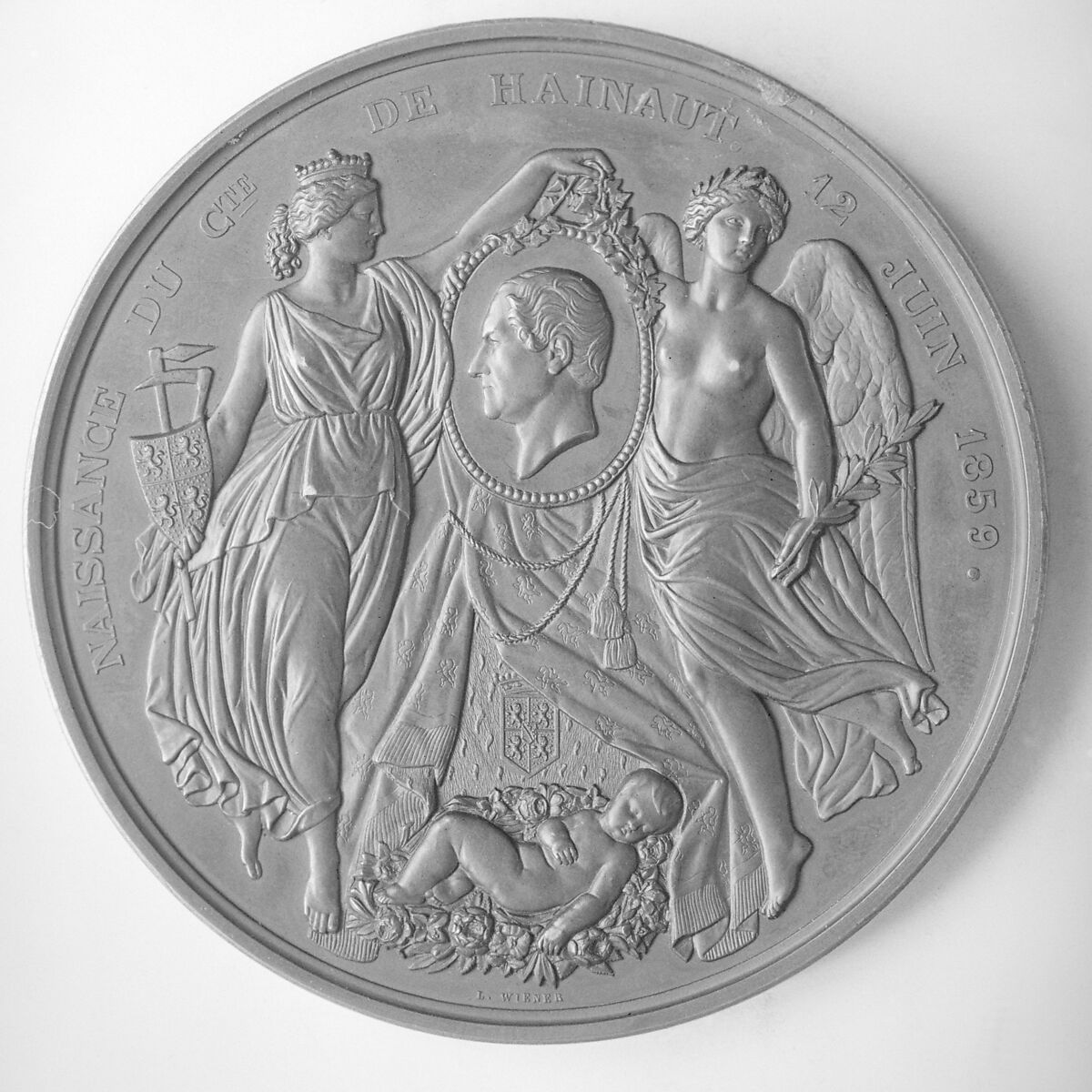 Birth of Comte de Hainault (1859–69), Medalist: Leopold Wiener (Belgian, Venlo 1823–1891 Brussels), Bronze, Belgian