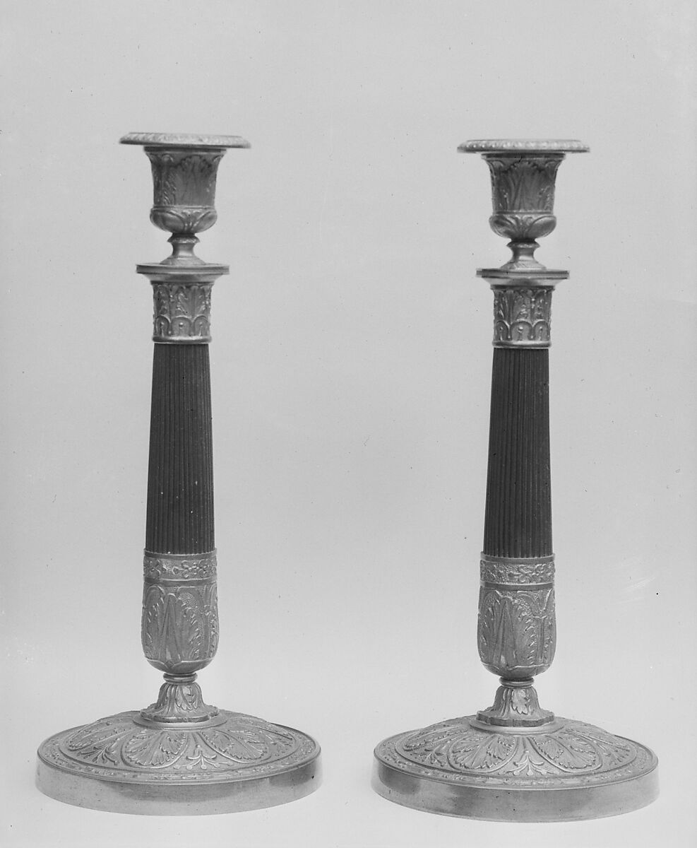 Candlestick (one of a pair), Bronze, parcel gilt, French 