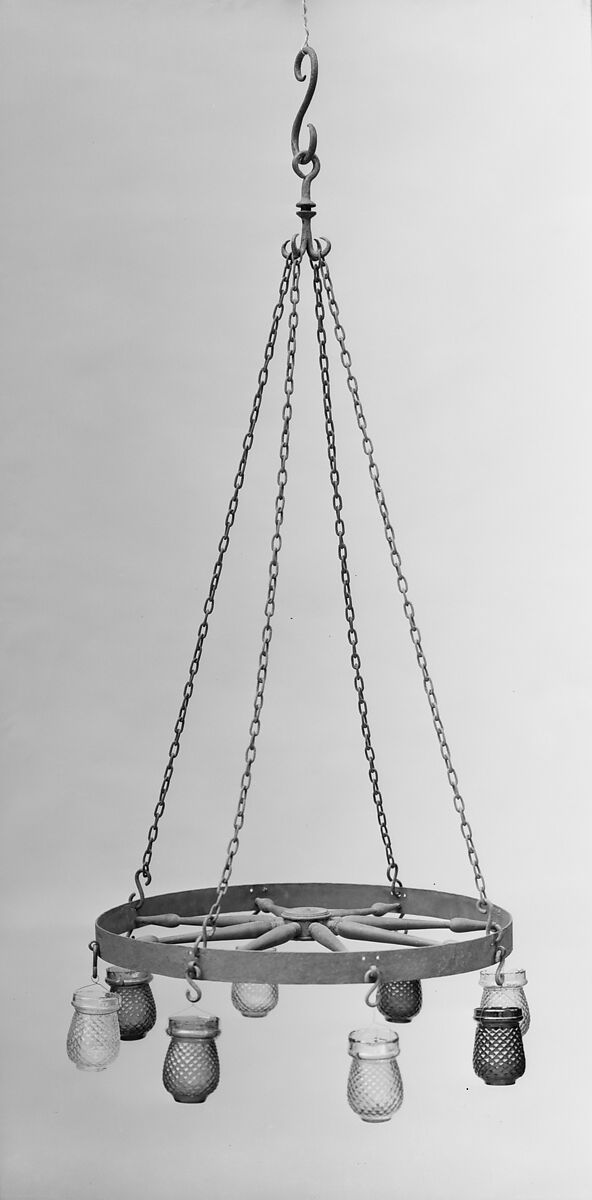 Chandelier, Iron, wood, glass, American 