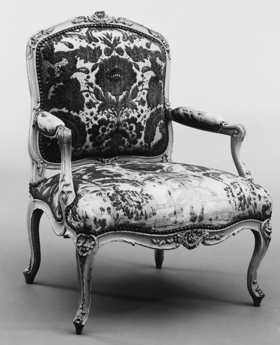 Armchair, Michel Gourdin (French, master 1752, died after 1777), Carved and painted beechwood; cut and voided velvet upholstery, French, Paris