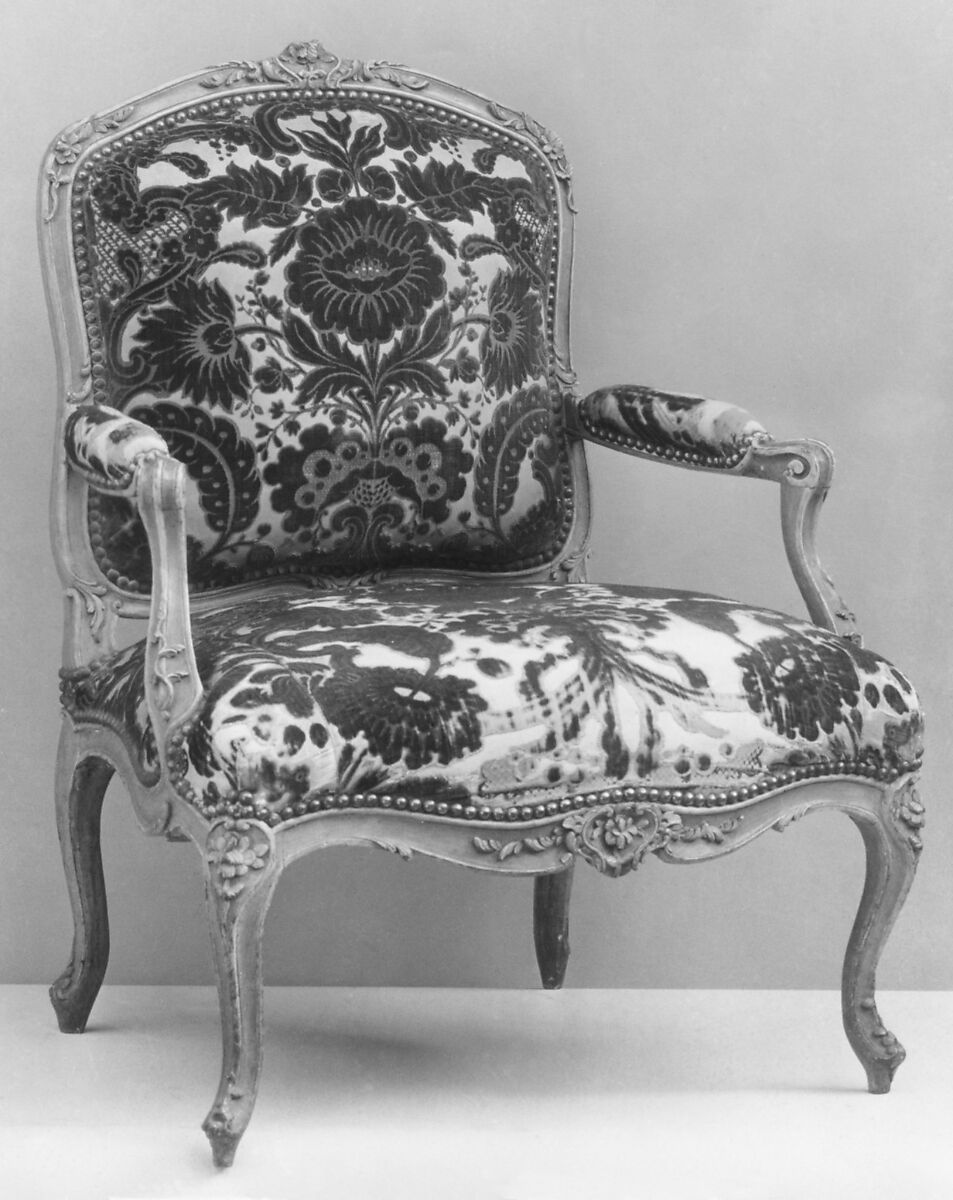 Armchair, Michel Gourdin (French, master 1752, died after 1777), Carved and painted beechwood; cut and voided velvet upholstery, French, Paris