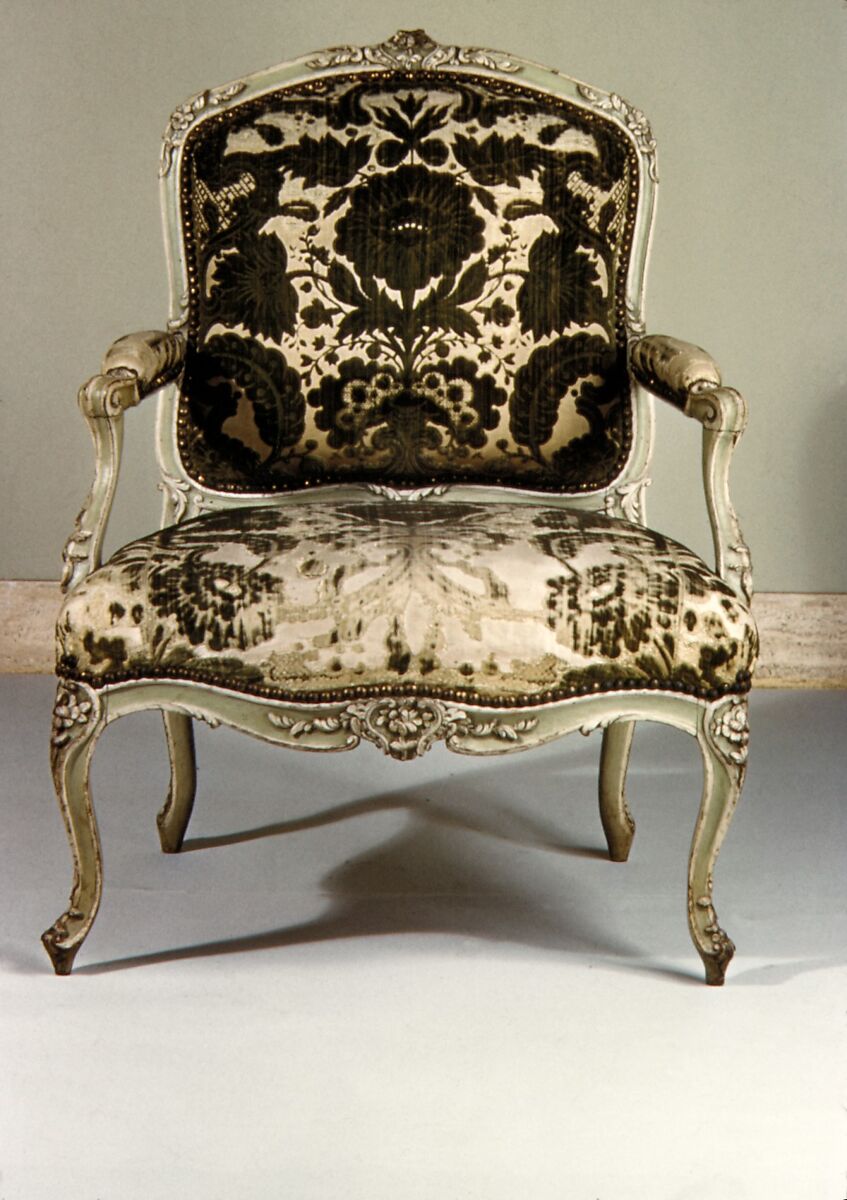 Armchair, Michel Gourdin (French, master 1752, died after 1777), Carved and painted beechwood; cut and voided velvet upholstery, French, Paris 