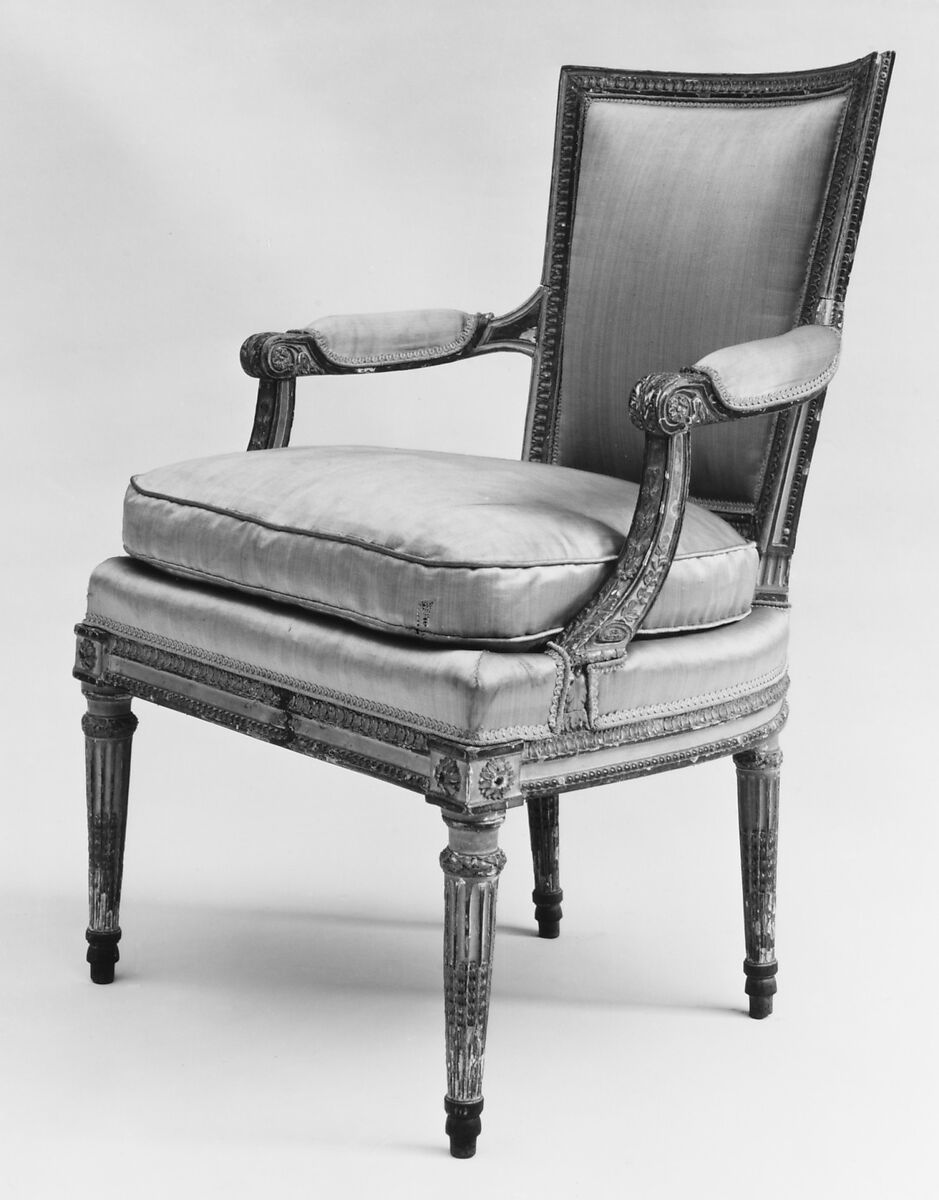 Armchair, Pierre Brizard (1737–1804, master 1772), Carved, painted and gilded beechwood, French, Paris 