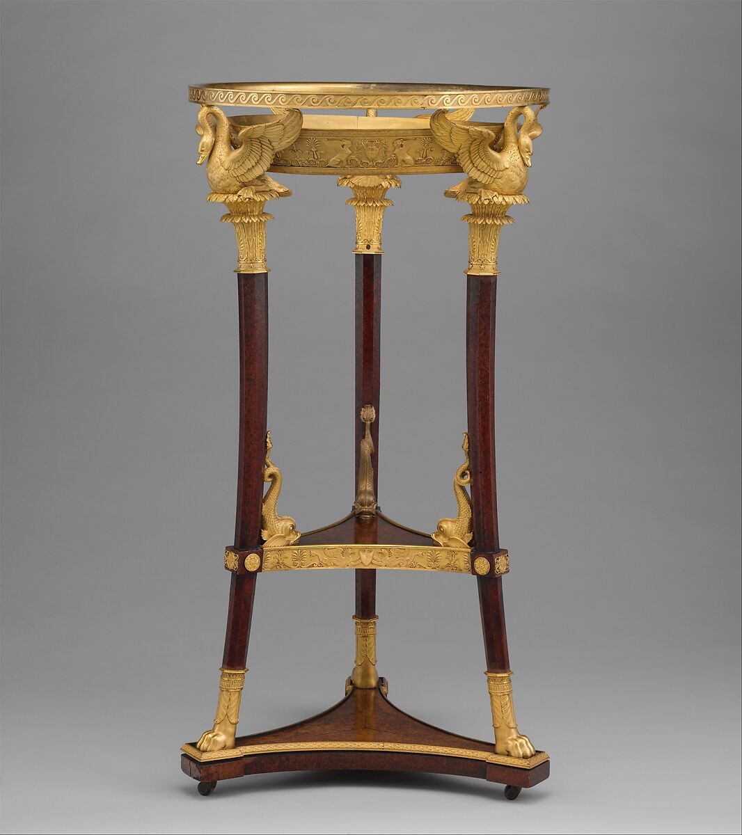 Washstand (athénienne or lavabo), Design attributed to Charles Percier (French, Paris 1764–1838 Paris), Legs, base and shelf of yew wood; gilt-bronze mounts; iron plate beneath shelf, French, Paris 