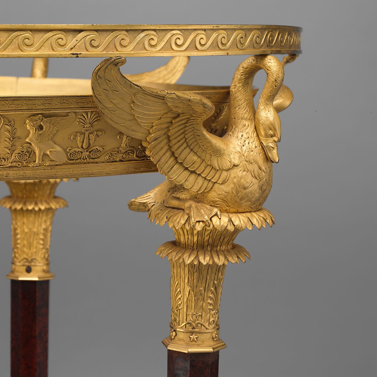 Washstand (athénienne or lavabo), Design attributed to Charles Percier (French, Paris 1764–1838 Paris), Legs, base and shelf of yew wood; gilt-bronze mounts; iron plate beneath shelf, French, Paris