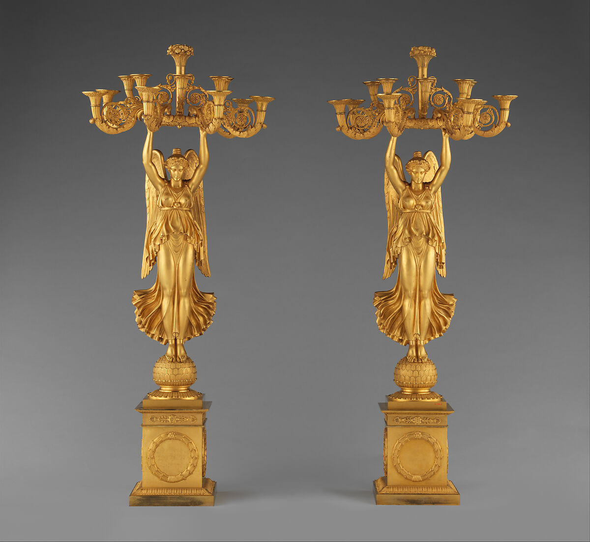 Pair of candelabra with Winged Victories, Pierre Philippe Thomire (French, Paris 1751–1843 Paris), Gilt bronze, French 