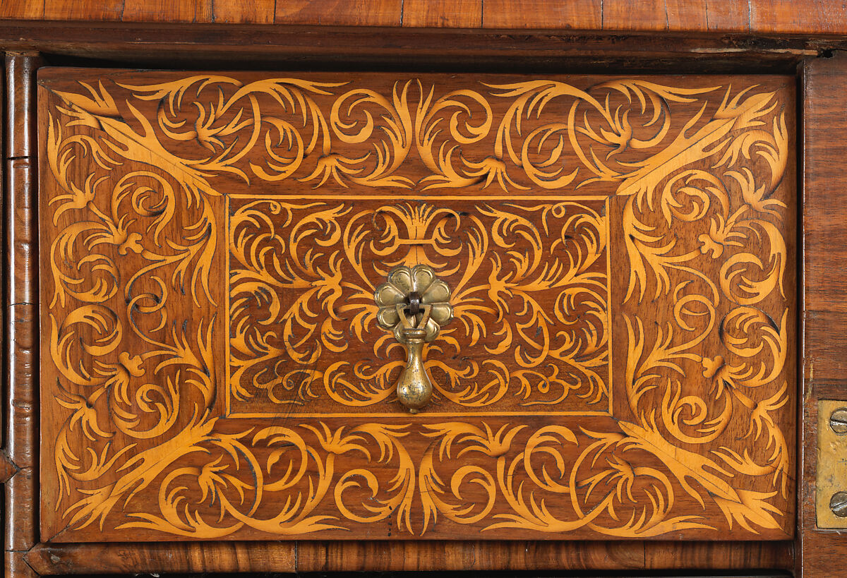 Cabinet on stand, Pine veneered with marquetry of walnut, burl; walnut and holly; oak drawers; brass hardware, British