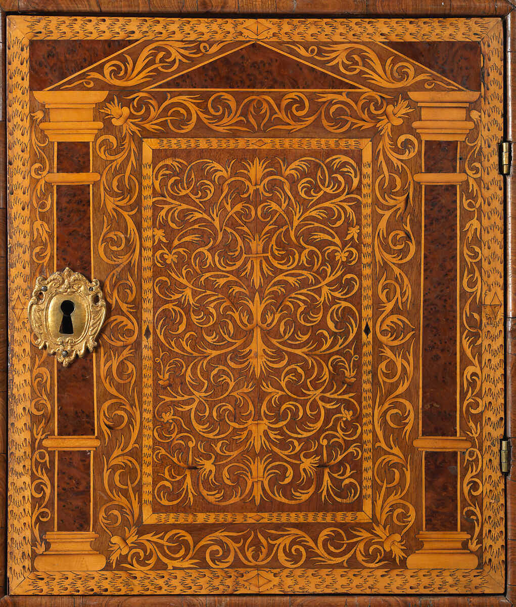 Cabinet on stand, Pine veneered with marquetry of walnut, burl; walnut and holly; oak drawers; brass hardware, British