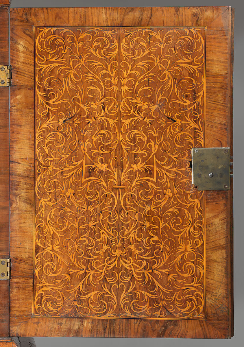 Cabinet on stand, Pine veneered with marquetry of walnut, burl; walnut and holly; oak drawers; brass hardware, British