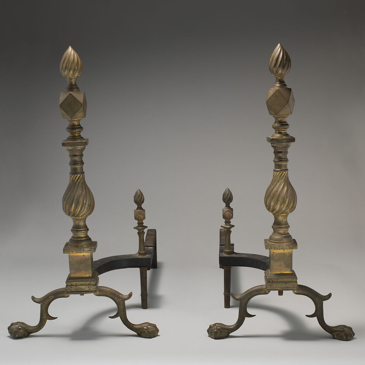 Pair of andirons, Brass, iron, British 