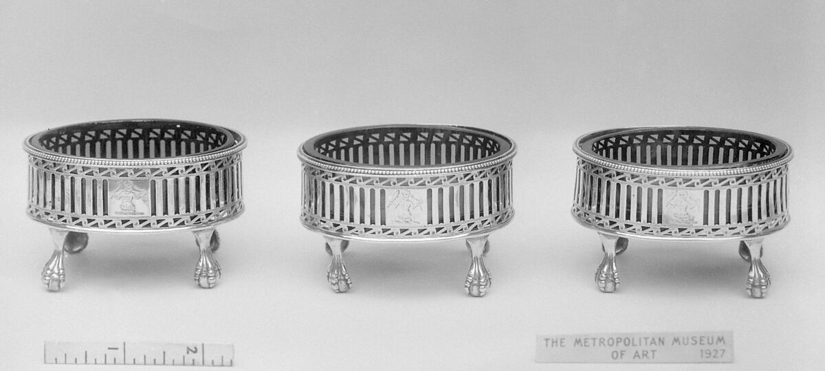 Three saltcellars, Robert Hennell I (British, 1741–1811), Silver, glass lining, British, London 