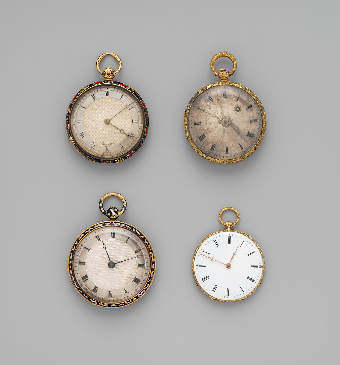 Watch, Case of gold and enamel, with floral design; jeweled movement, with cylinder escapement, French, Lyon