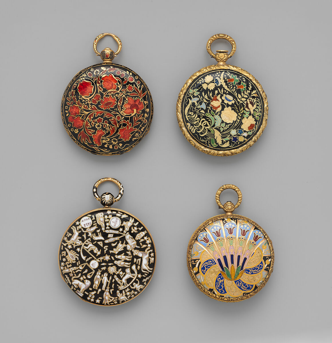 Watch, Case of gold and enamel, with floral design; jeweled movement, with cylinder escapement, French, Lyon