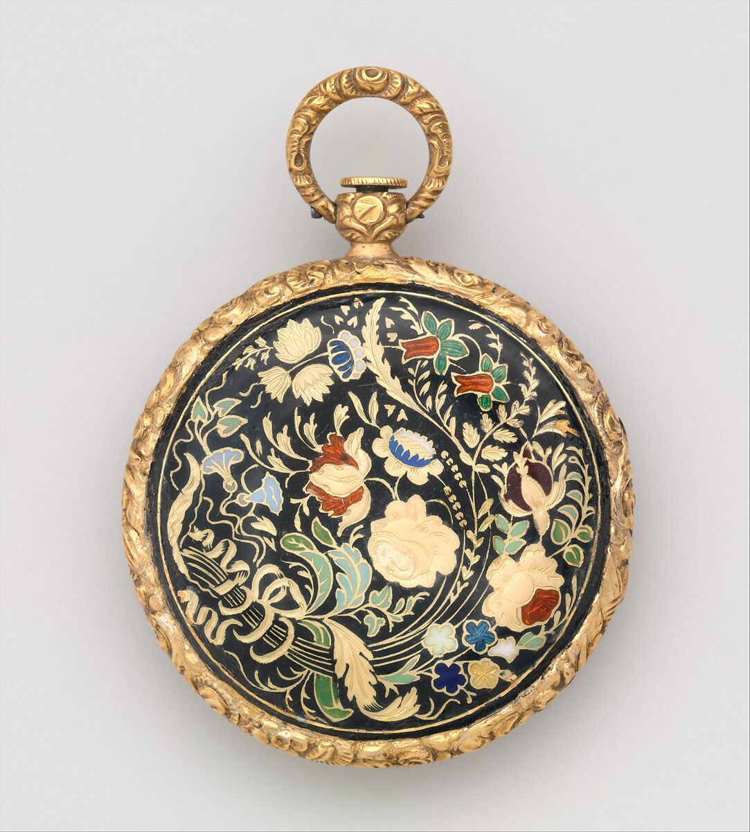 Watch, Case of gold and enamel, with floral design; jeweled movement, with cylinder escapement, French, Lyon 